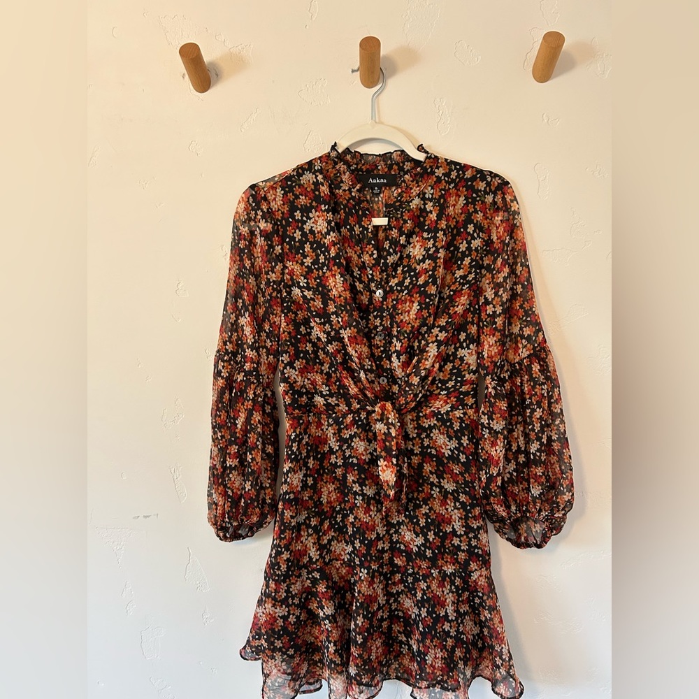 Aakaa Floral Print Mini Dress Sz Small Red Orange Long Sleeve Tie Front Party